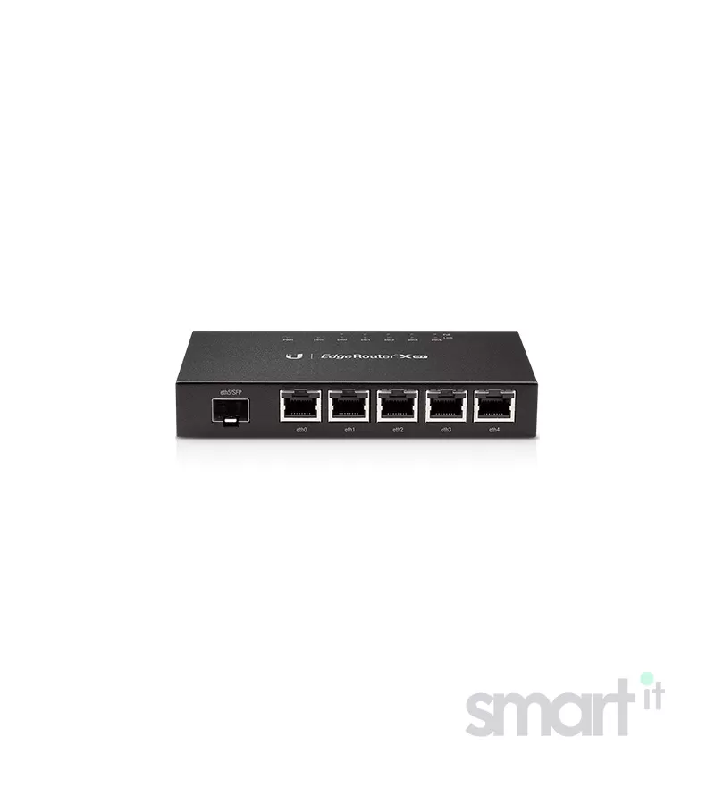 Ubiquiti EdgeRouter X SFP, powerful router with 5 Gigabit RJ45 ports with passive PoE support and 1 x SFP port, 50W total PoE Power, CPU Dual-Core 880 MHz MIPS1004Kc, 256 MB DDR3 RAM, 256 MB NAND, Wall mount (ER-X-SFP-EU) image